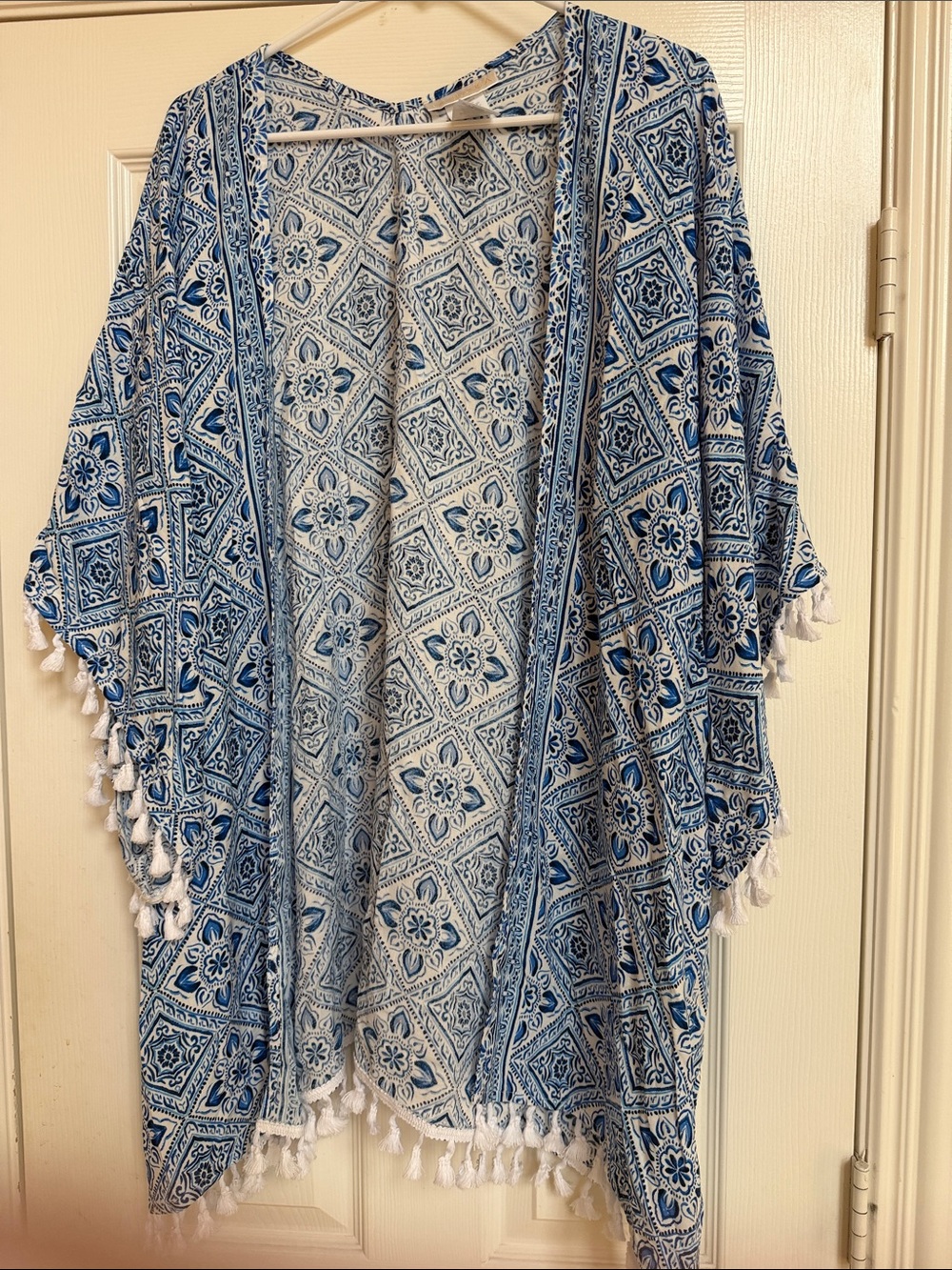 La Blanca Blue and White Floral Print Kimono with Tassel Trim